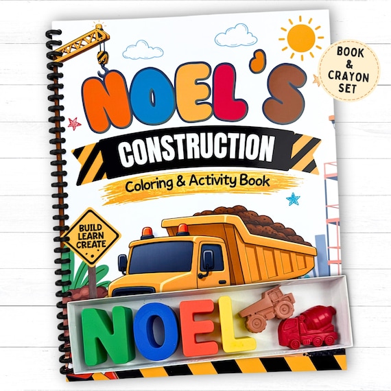 Personalized Construction Activity Book & Name Crayons Set