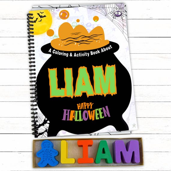 Personalized Kids Cauldron Halloween Activity Coloring Book, Custom Name Crayons Gift Box