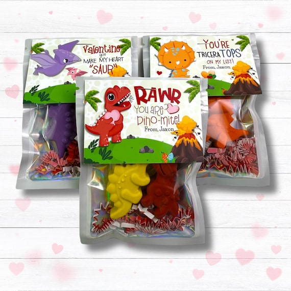 Dinosaur Valentine Cards - Dinosaur Crayons - Personalized Kids' Classroom Favors for Valentine's Day