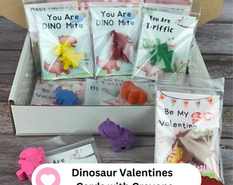 Personalized Dinosaur Valentines Cards with Dinosaur Crayons - Kids' Classroom Favors for Valentine's Day