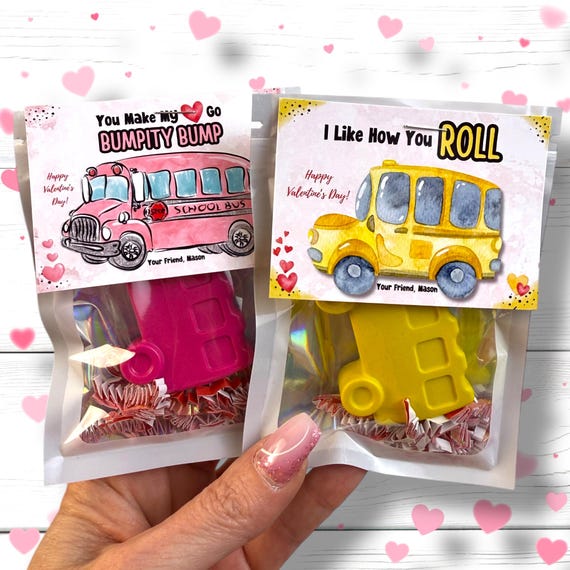 Bus Valentines Cards Personalized with Crayons - Ideal Kids Class Favors for Valentine's Day