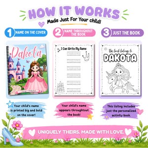 Princess activity book personalized with child’s name showing how customization works including name on the cover, personalized tracing worksheets and custom coloring pages for toddlers and preschool girls.