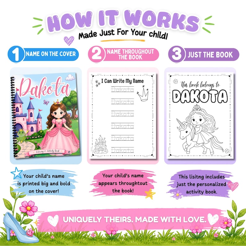 Princess activity book personalized with child’s name showing how customization works including name on the cover, personalized tracing worksheets and custom coloring pages for toddlers and preschool girls.