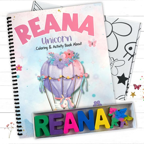 Personalized Kids Unicorn Hot Air Balloon Activity Coloring Book Name Crayons Set