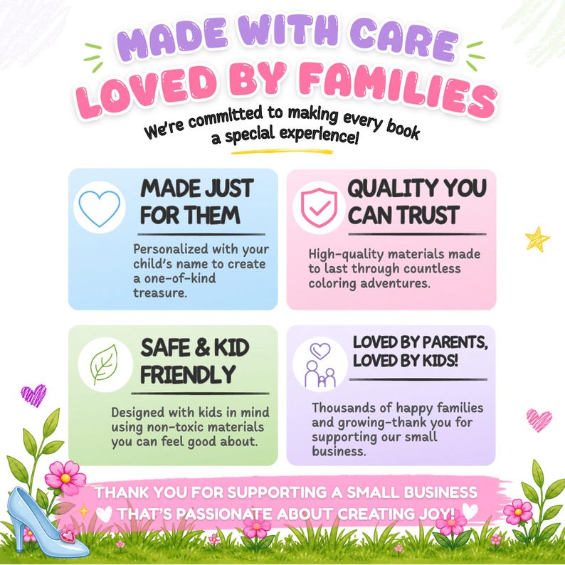 Handmade personalized princess coloring and activity book created for toddlers and preschool kids featuring custom name learning activities, coloring pages and child-friendly educational fun made by a small business.