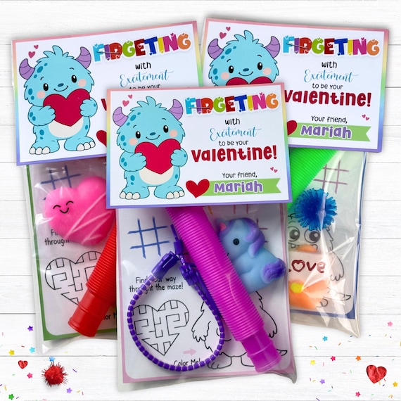 Personalized Kids Valentine Classroom Favors Sensory Fidget Toy Activity Pack Set