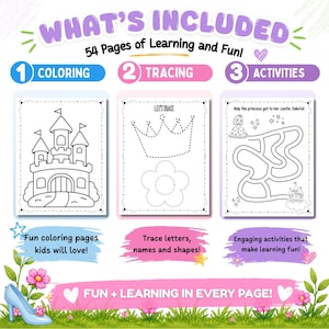 Inside pages of personalized princess coloring and activity book showing coloring pages, tracing activities, preschool learning worksheets, mazes and fun educational activities for girls ages 2-6.