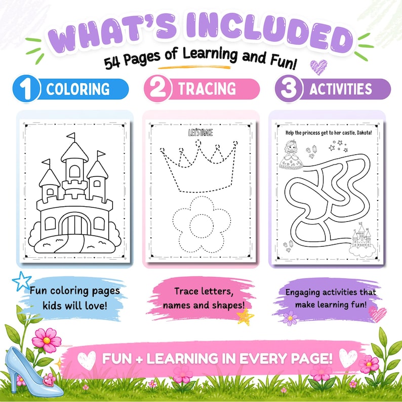 Inside pages of personalized princess coloring and activity book showing coloring pages, tracing activities, preschool learning worksheets, mazes and fun educational activities for girls ages 2-6.