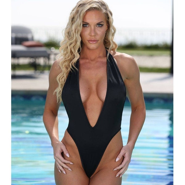 Sexy One Piece Swimwear- Monokini Swimsuit Tank with Plunging Front in Black Nylon Lycra