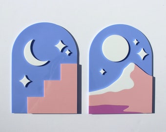 Landscape Arch Portal - Mountain and Staircase with Moon and Stars - Aesthetic Modern Acrylic Art - Pink, Blue and White