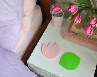 Tulip Coaster Set - Flower and Leaf Spring Drinks Coasters /  Trinket + Candle Trays - Aesthetic Cottagecore - Pink, Lime Green