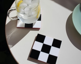 Check Coaster Set of 2 - Black and White Checkerboard Coaster / Candle Tray / Tableware - Recycled Acrylic - Aesthetic Checkered Pattern