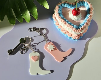Cowboy Boot Keyring / Bag Charm - Pastel Pink / White - Cute Cowgirl Key Chain - Gift for her, Valentines gift