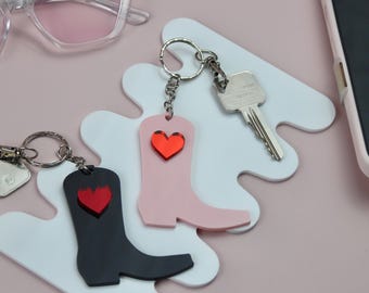 Cowboy Boot Keyring: Acrylic Cowgirl Keychain with Heart in Pink or Black