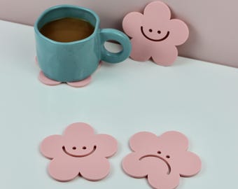Mood Daisy Coasters Set with Cute Smiley and Grumpy Faces