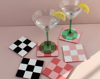 Check Coaster Set of 2 - Black and White / Pink and White / Raspberry and Pink Checkerboard Coaster Tableware