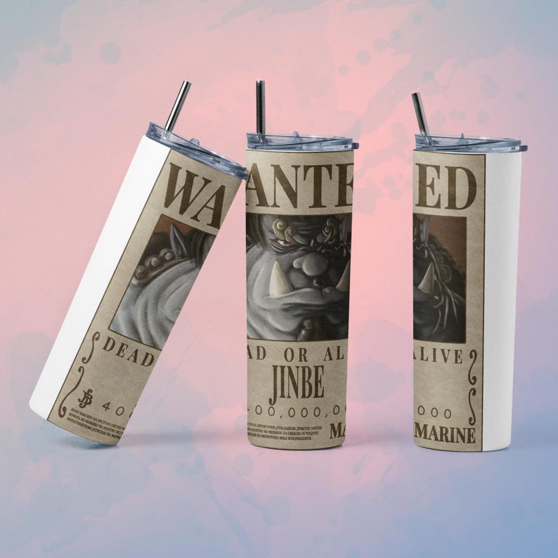 May include: Three white stainless steel tumblers with lids and straws. Each tumbler features a "Wanted" poster design with the name "Jinbe" and the text "Dead or Alive". The posters have a sepia tone and a detailed illustration.