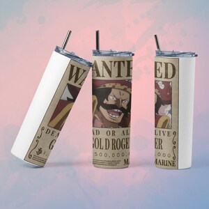 May include: Three stainless steel tumblers with lids and straws. The tumblers feature a "Wanted" poster design with the text "DEAD OR ALIVE" and "GOLD ROGE" with a bounty of 500,000. The design is printed on a white background.