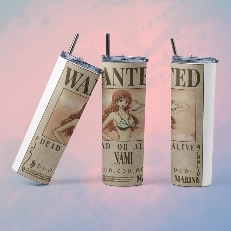 May include: Three white stainless steel tumblers with lids and straws. Each tumbler features a "Wanted" poster design with a cartoon character. The character has long orange hair and is wearing a green bikini top. The text on the poster reads "Nami".