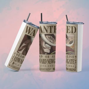 May include: Three white stainless steel tumblers with black straws. Each tumbler features a "Wanted" poster design with a character portrait and text. The text includes "DEAD EDWARD", "VARD NEWG", and "GATE".