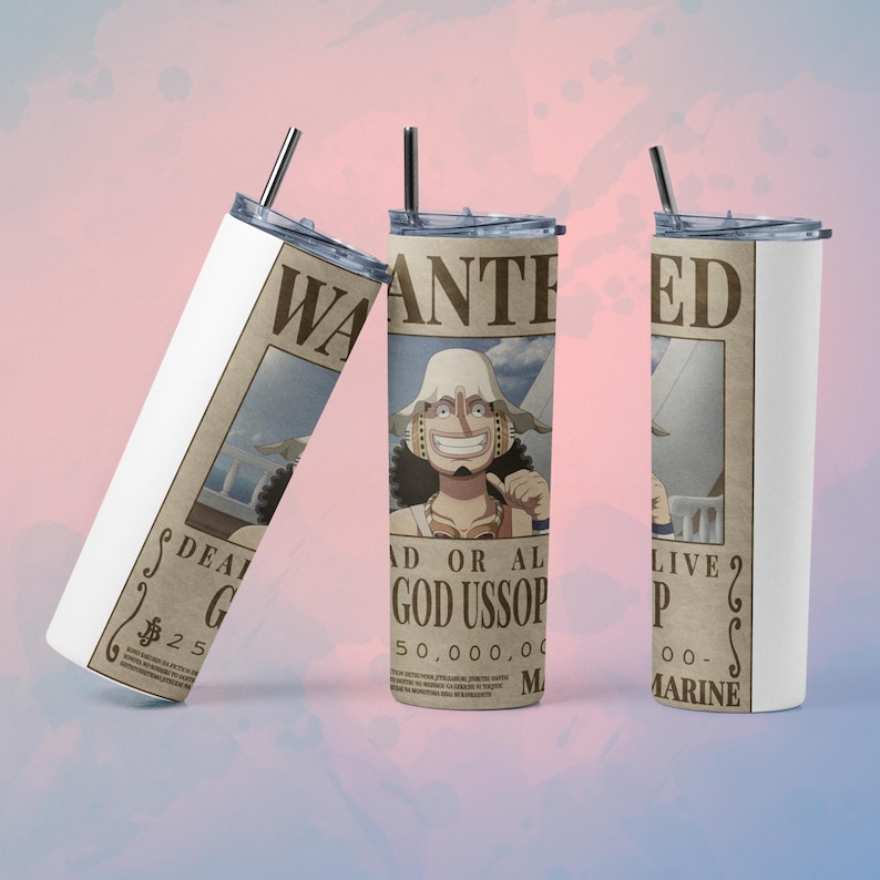 May include: Three stainless steel tumblers with straws, each featuring a "Wanted" poster design. The central tumbler displays a character illustration with the text "GOD USSOP" and a bounty of 50,000,000. The other tumblers show partial poster details.