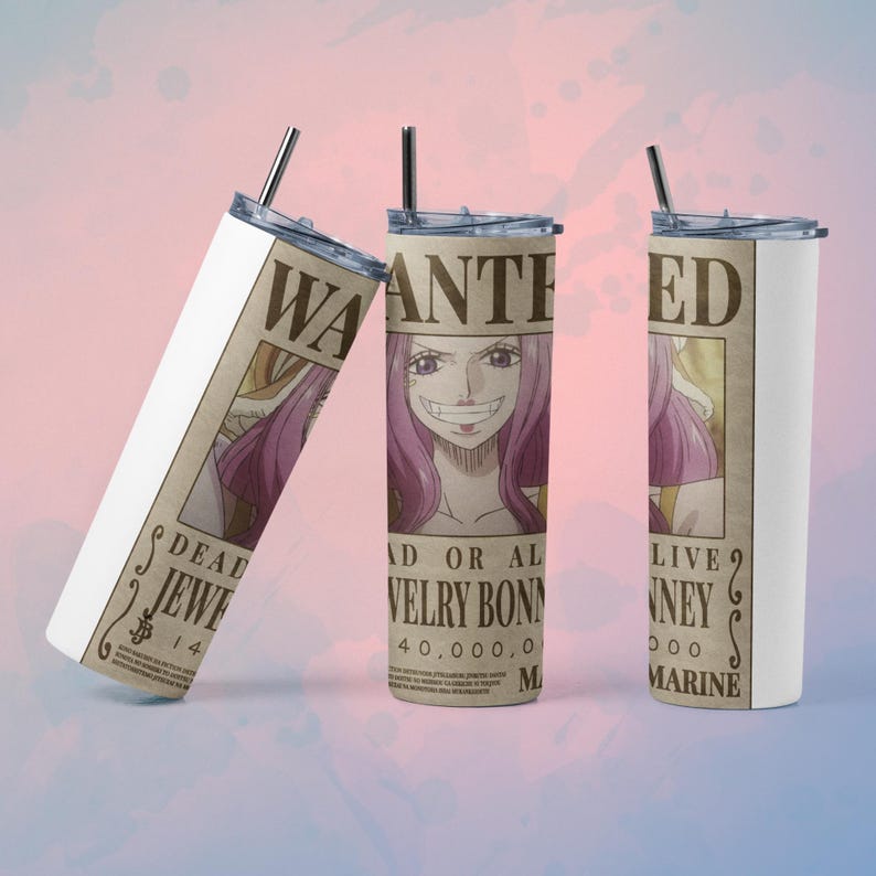 May include: Three white stainless steel tumblers with lids and straws. Each tumbler features a "Wanted" poster design with a cartoon character and text. The text includes "DEAD OR ALIVE" and a bounty amount.