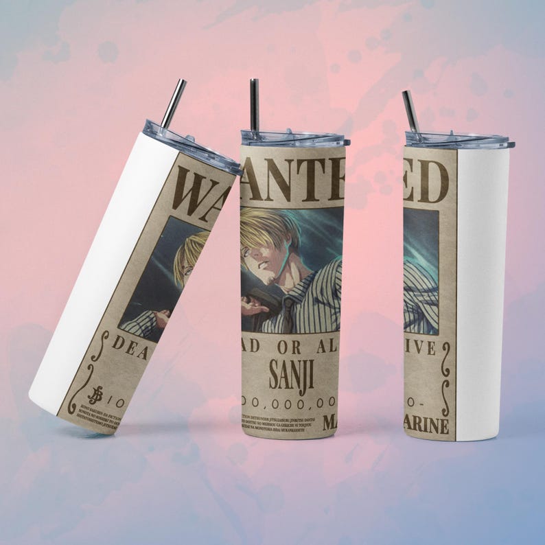 May include: Three stainless steel tumblers with straws. Each tumbler features a "Wanted" poster design with the name "SANJI" and a bounty amount. The tumblers have a white background and a silver straw.