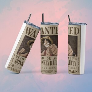 May include: Three stainless steel tumblers with lids and straws. Each tumbler features a "Wanted" poster design with the text "DEAD MONK" and "ONKEY D LUI". The tumblers have a white background and a silver straw.