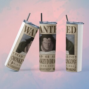 May include: Three stainless steel tumblers with lids and straws. Each tumbler features a "Wanted" poster design with a character illustration and text. The posters are in shades of brown and beige, with black text.