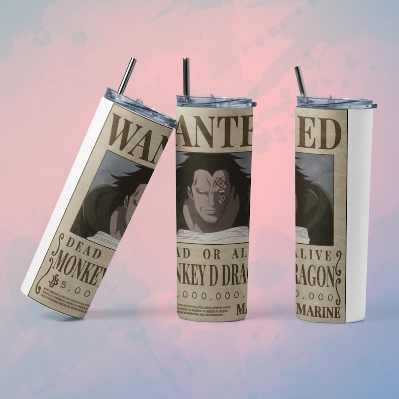 May include: Three stainless steel tumblers with lids and straws. Each tumbler features a "Wanted" poster design with a character illustration and text. The posters are in shades of brown and beige, with black text.