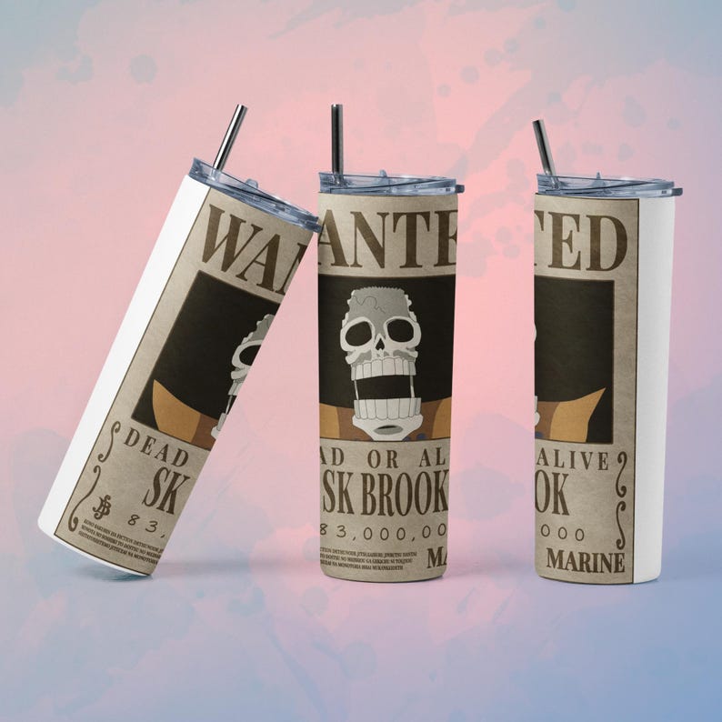 May include: Three white and tan stainless steel tumblers with black text and a skull graphic. The tumblers have a straw and a lid. The text reads "WANTED" and "DEAD OR ALIVE SK BROOK".