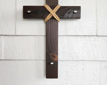 Rustic Wood Cross with Crucifix Nails and Twine: Rustic Christian Decor