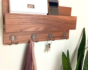 Black Walnut Entryway Organizer: Mail & Key Holder with Shelf