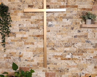 Gold Wood Cross: Christian Home Blessing, Wedding, Baptism