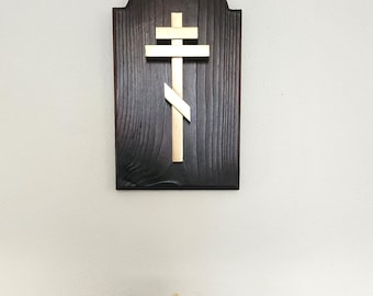 Three Bar Gold Finish Cross on Panel: Church & Home Decor, Memorial Cross