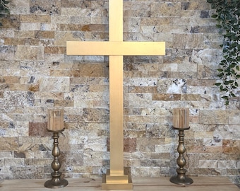 Golden Wood Cross with Base: Home Blessing, Wedding, Baptism, Memorial, Gift for Any Occasion