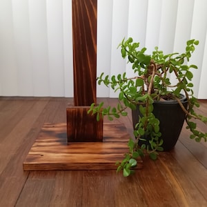 May include: A dark brown stained wooden stand featuring a square base and a vertical post, positioned next to a green jade plant in a black plastic pot. The wood grain is visible throughout the base and the upright support structure.
