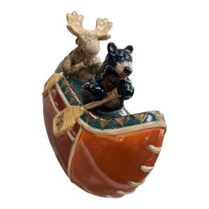 Large Vintage 1970’s Glazed Ceramic Mercuries Bear and Moose Canoeing Divided Cookie Jar