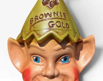 Vintage 1960’s/70’s Pixie, Girl Scouts BROWNIE GOLD Ceramic Bank