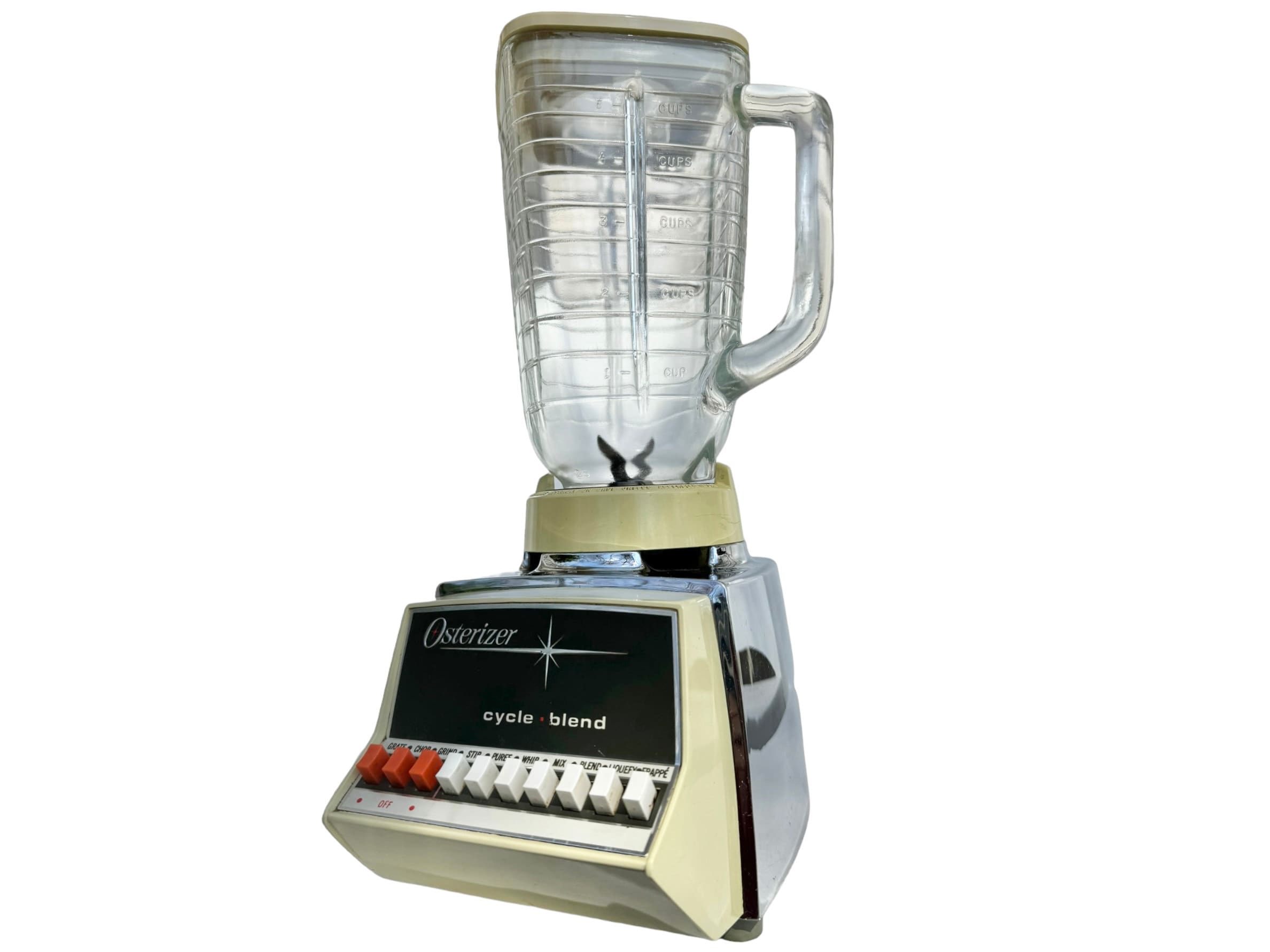 Vintage 1970, una licuadora de vidrio Osterizer YellowBeige con