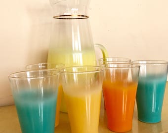 Mid Century Modern West Virginia Blendo Frosted Glass and Pitcher Set