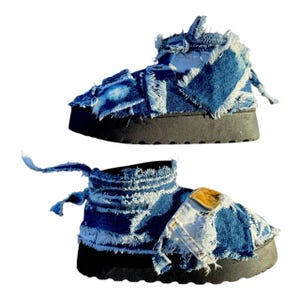 Women’s Blue and White, Bleached and Distressed Denim Ankle, Chosen Steps Deadstock Platform Boots with a Streetwear and Urban Vibe