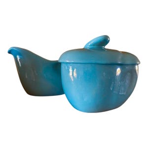 Vintage Frankoma Lazy Bones Blue Creamer and Sugar Bowl: MCM Pottery Set