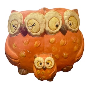 Vintage Enesco Owl Family Piggy Bank: 1970s Mid-Century Ceramic