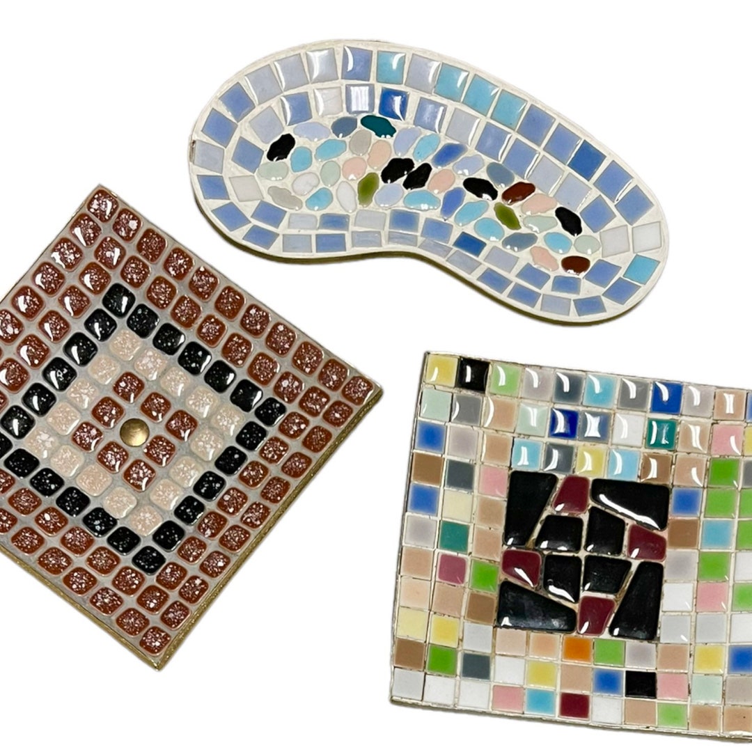 Set of Three Vintage 1960s Mid Century Glass Mosaic Tile Ashtrays With