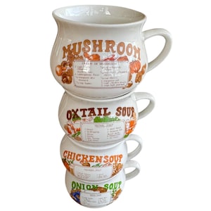 Vintage 1970s Ceramic Soup Mugs: Recipe Bowls, Set of 4