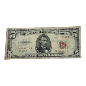 Vintage 1963 Circulated Five Dollar, Red Seal Bill