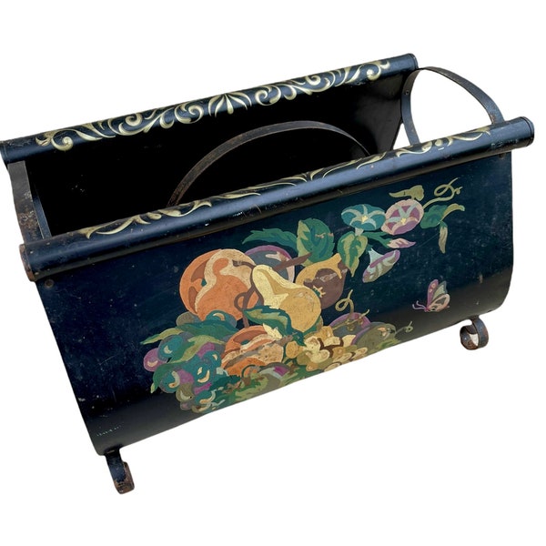Vintage 1950’s Kitschy, Black Metal, Mid Century Tole Craft Paint by Numbers Magazine Rack with Curled Handle, Ends and Feet