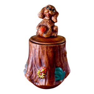 LARGE, Vintage 1970’s Hand Painted California Original Puppy Dog on Tree Stump Cookie Jar