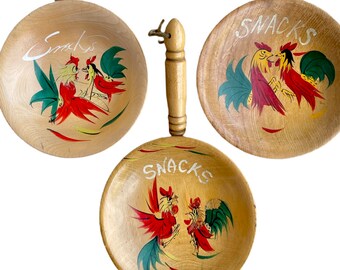 Three Vintage, 1950’s Wooden Rooster Snack Bowls with Handle, Wall Hanging Kitchen Farmhouse Decor Made in Japan with a Retro Hispanic Vibe